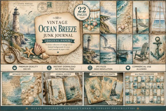 Download Vintage Ocean Breeze Junk Journal Kit - Ocean Collection