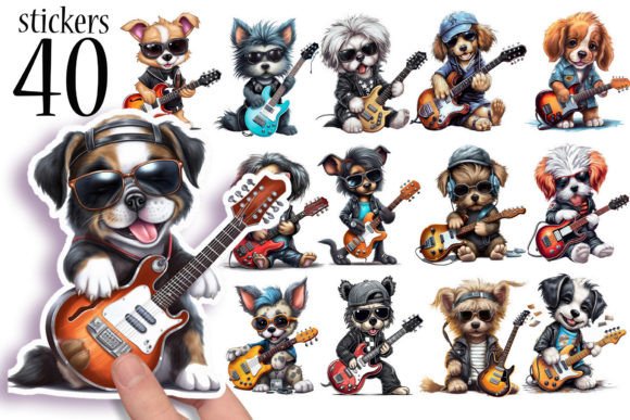 Download Cute Dogs Playing Guitar Music Stickers - Sticker Collection